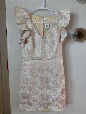 TCEC Champagne Floral Jacquard Sheath Dress with Metallic Accents